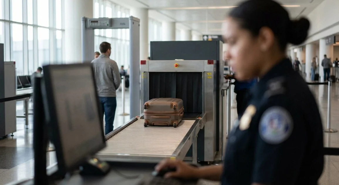 Blurred security officer in foreground using computer. Brown suitcase on conveyor belt entering X-ray scanner