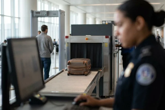 Blurred security officer in foreground using computer. Brown suitcase on conveyor belt entering X-ray scanner
